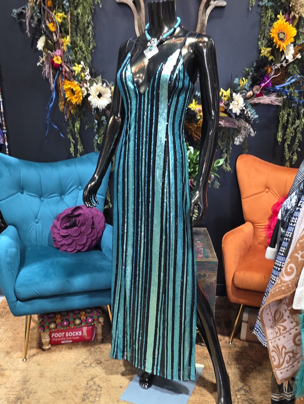 Johnny Wujek Teal and Black Sequin Stripe Maxi Dress